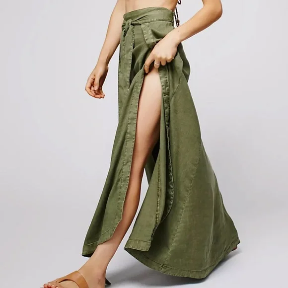 Free People American Ride Maxi Skirt Linen Olive Sage Green Wrap Side Slits 2 - Picture 2 of 10